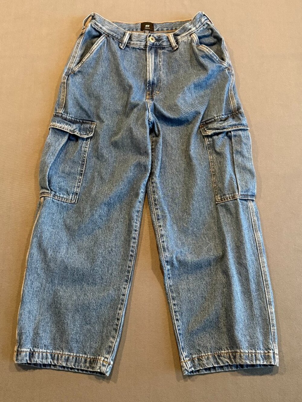 H&M Baggy Fit Cargo Jeans Men’s 30x30 Blue Denim Wide Leg Utility Y2K